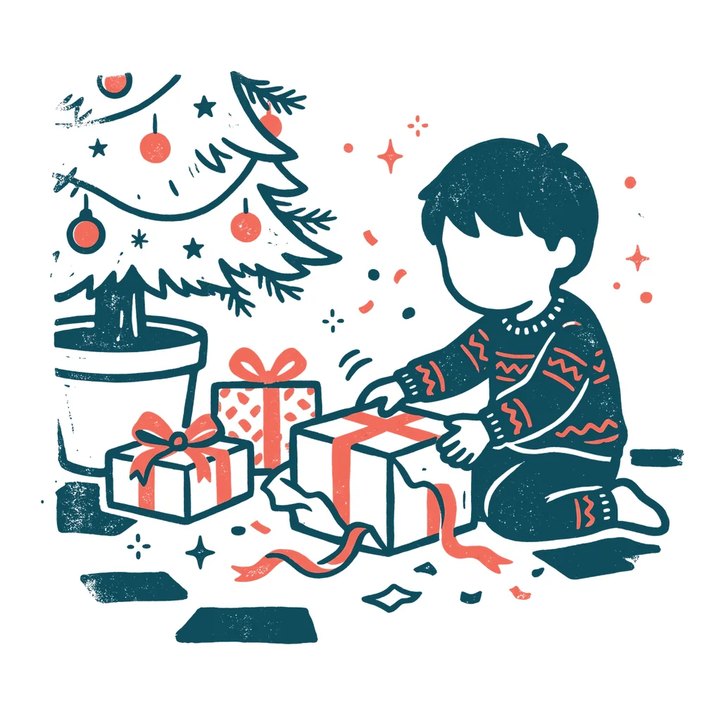 プレゼントを開ける子どものイラスト(はんこ・顔なし)