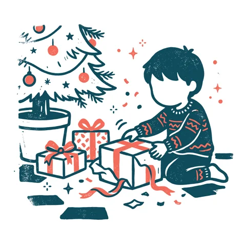 プレゼントを開ける子どものイラスト(はんこ・顔なし)