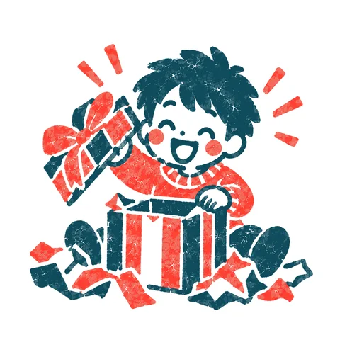 プレゼントを開ける子どものイラスト(はんこ)