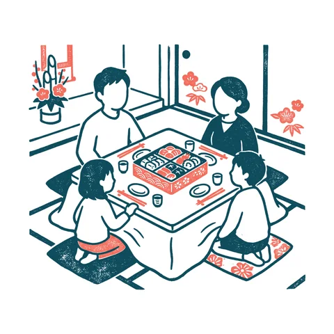 おせち料理を囲む家族のイラスト(はんこ・顔なし)