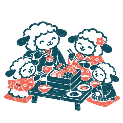 おせち料理を囲む家族のイラスト(はんこ)
