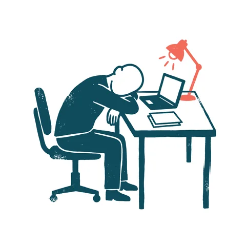 残業で疲れた会社員のイラスト(はんこ・顔なし)。顔を描かない会社員がノートパソコンの置かれた机に突っ伏して眠る
