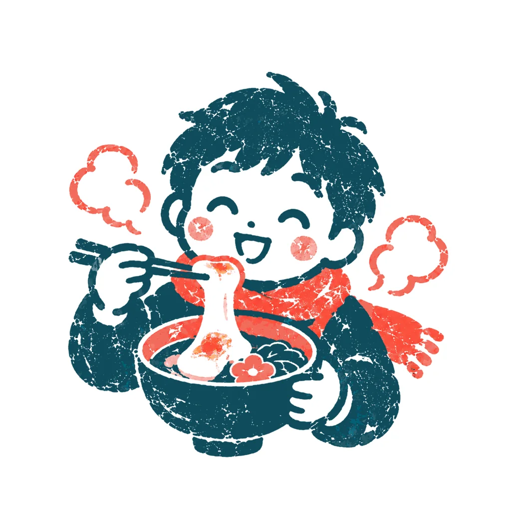 お雑煮を食べる人のイラスト(はんこ)