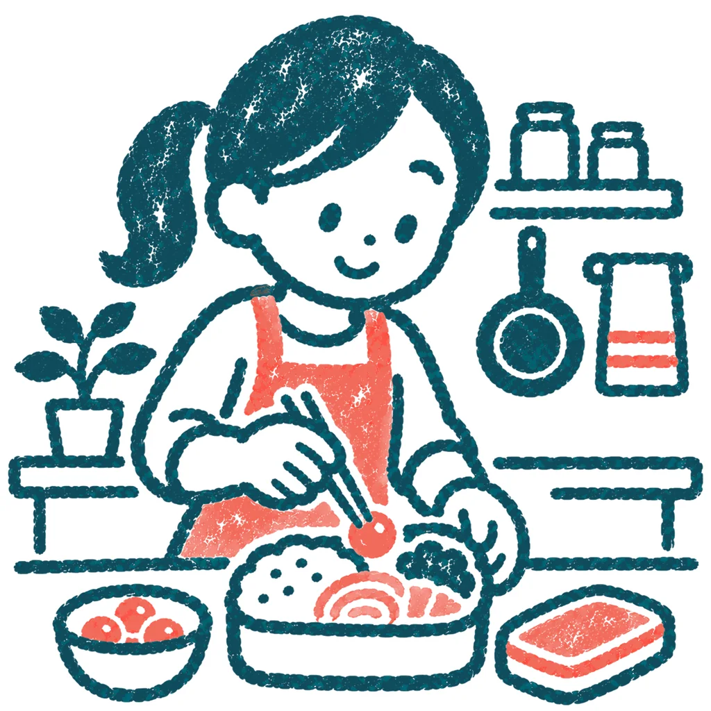 お弁当を作る親のイラスト(はんこ)