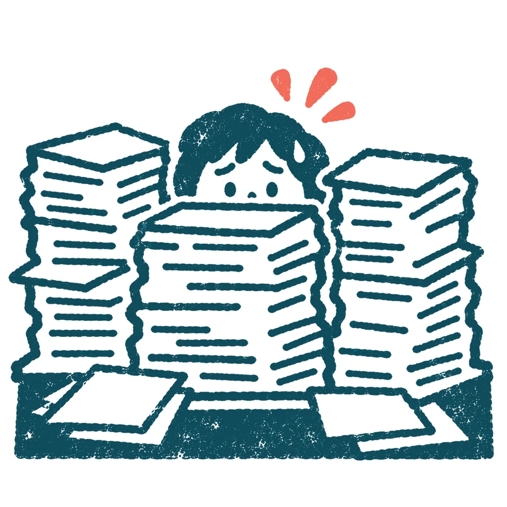 書類の山に埋もれる人のイラスト(はんこ)