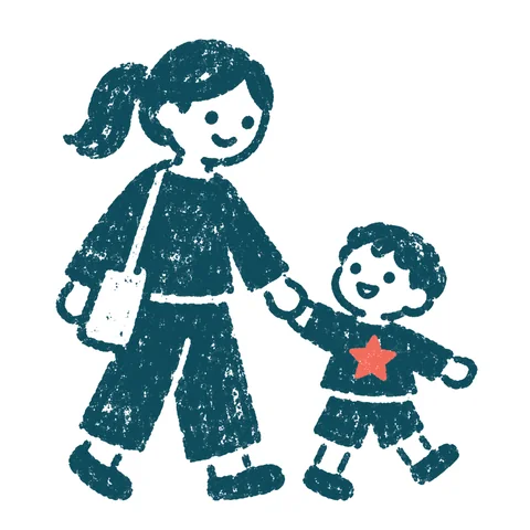 手をつないで歩く親子のイラスト(はんこ)