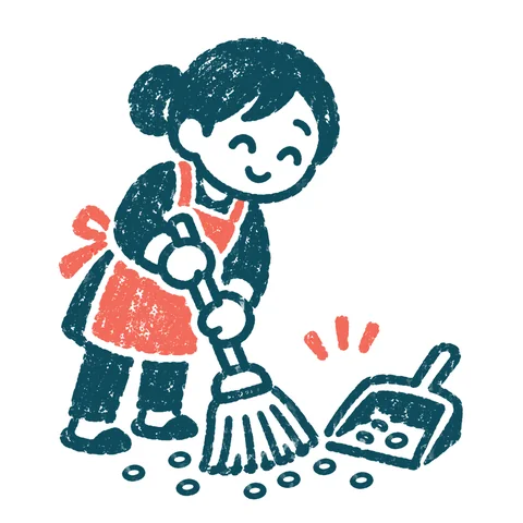 まいた豆を片付ける人のイラスト(はんこ)