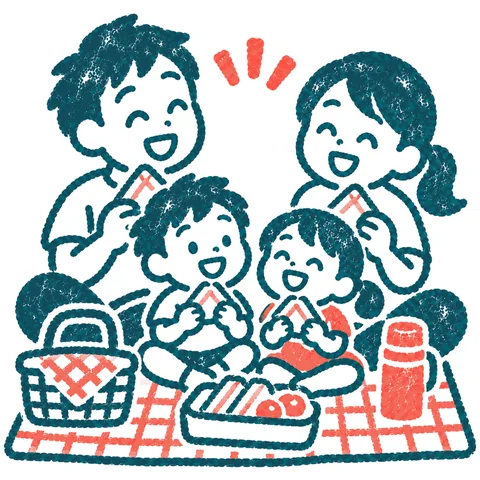 ピクニックをする家族のイラスト(はんこ)