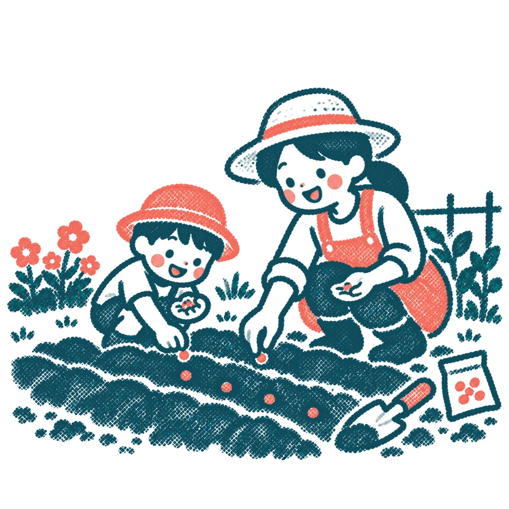 種をまく親子のイラスト(はんこ)
