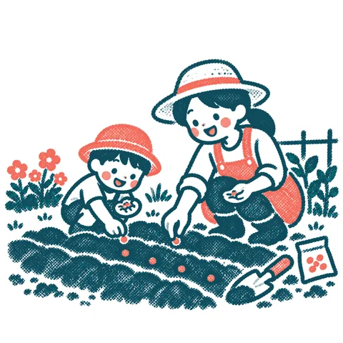 種をまく親子のイラスト(はんこ)