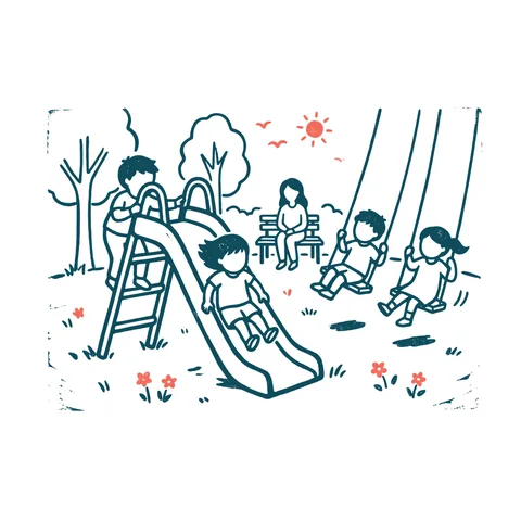 公園で遊ぶ子どもたちのイラスト(はんこ・顔なし)