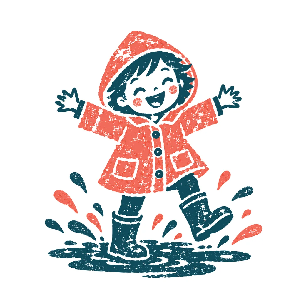 長靴で水たまりを歩く子どものイラスト(はんこ)