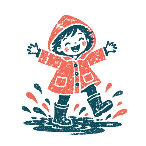 長靴で水たまりを歩く子どものイラスト(はんこ)
