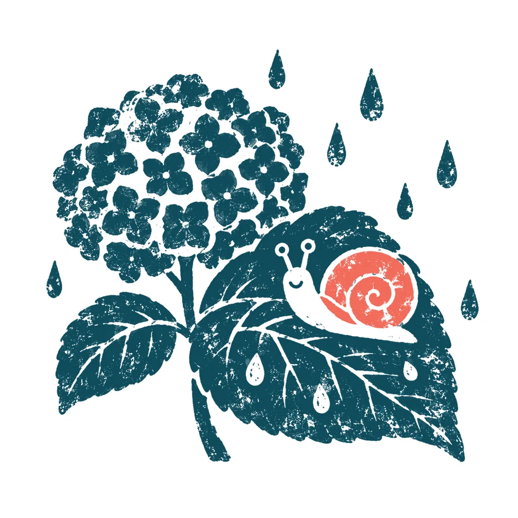 梅雨のあじさいとかたつむりのイラスト(はんこ)