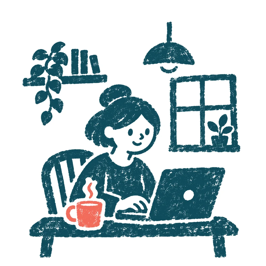 自宅でテレワークする人のイラスト(はんこ)
