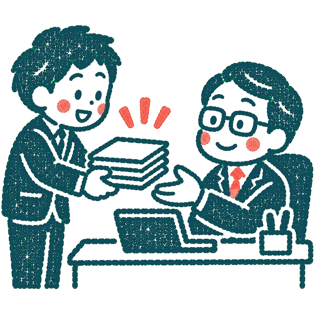 報告書を提出する人のイラスト(はんこ)