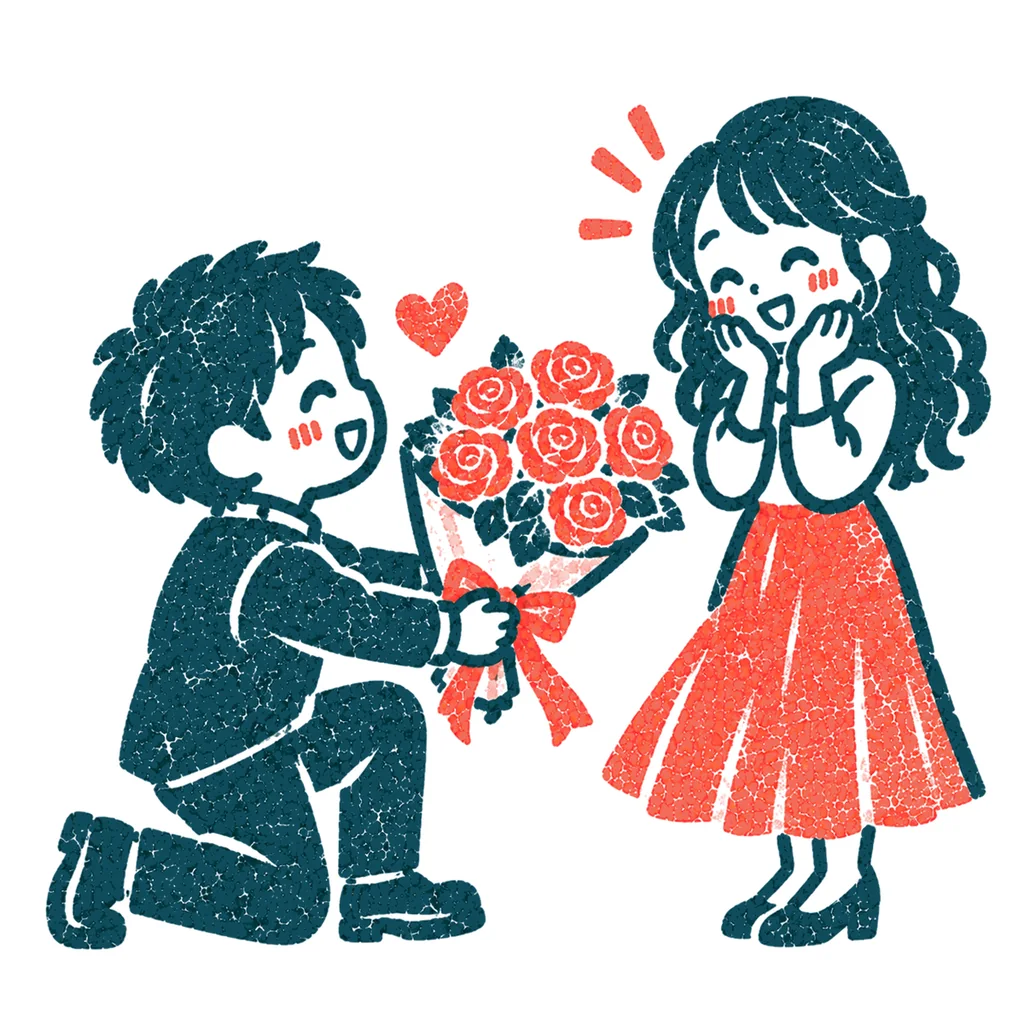 バラの花束を贈る人のイラスト(はんこ)