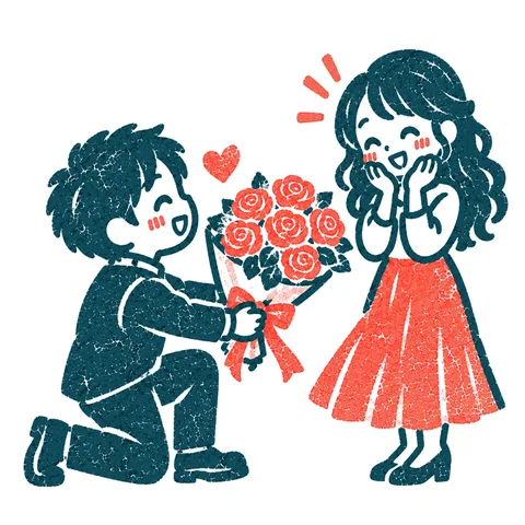バラの花束を贈る人のイラスト(はんこ)