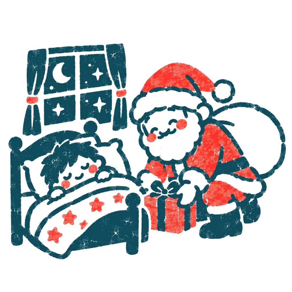 枕元にプレゼントを置くサンタのイラスト(はんこ)