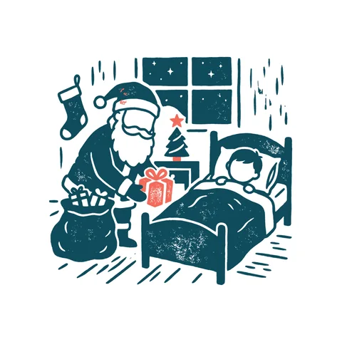 枕元にプレゼントを置くサンタのイラスト(はんこ・顔なし)