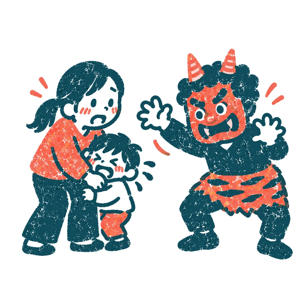 鬼をこわがる子どものイラスト(はんこ)