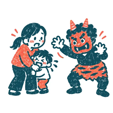 鬼をこわがる子どものイラスト(はんこ)