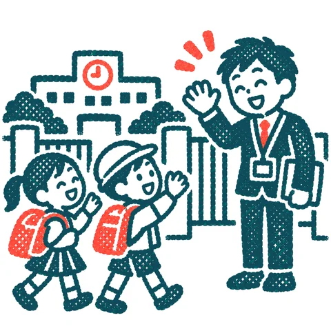校門であいさつする先生のイラスト(はんこ)