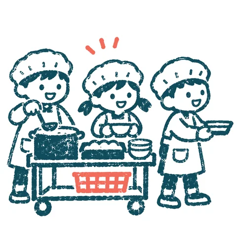 給食を食べる子どもたちのイラスト(はんこ)