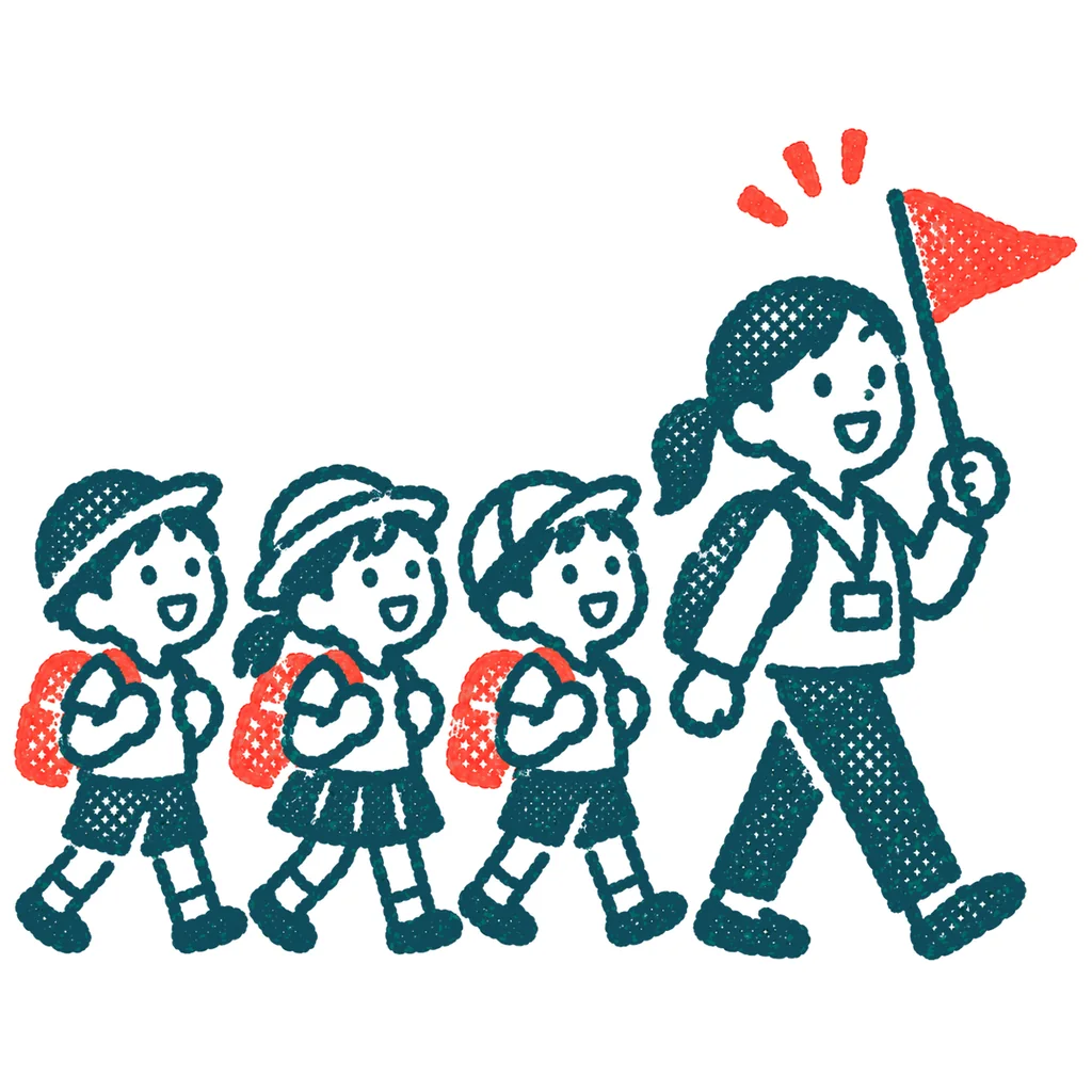 遠足に出かける子どもたちのイラスト(はんこ)
