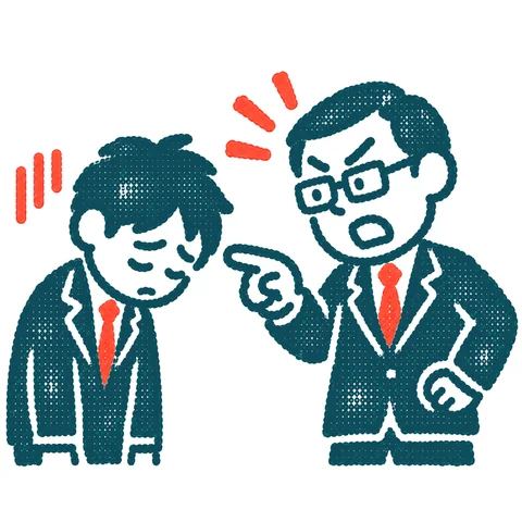上司に叱られる社員のイラスト(はんこ)