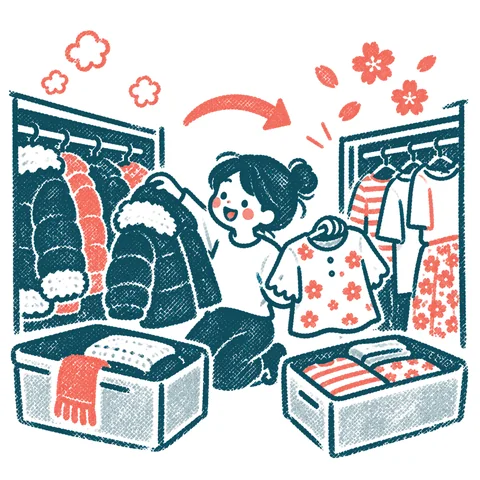 衣替えをする人のイラスト(はんこ)