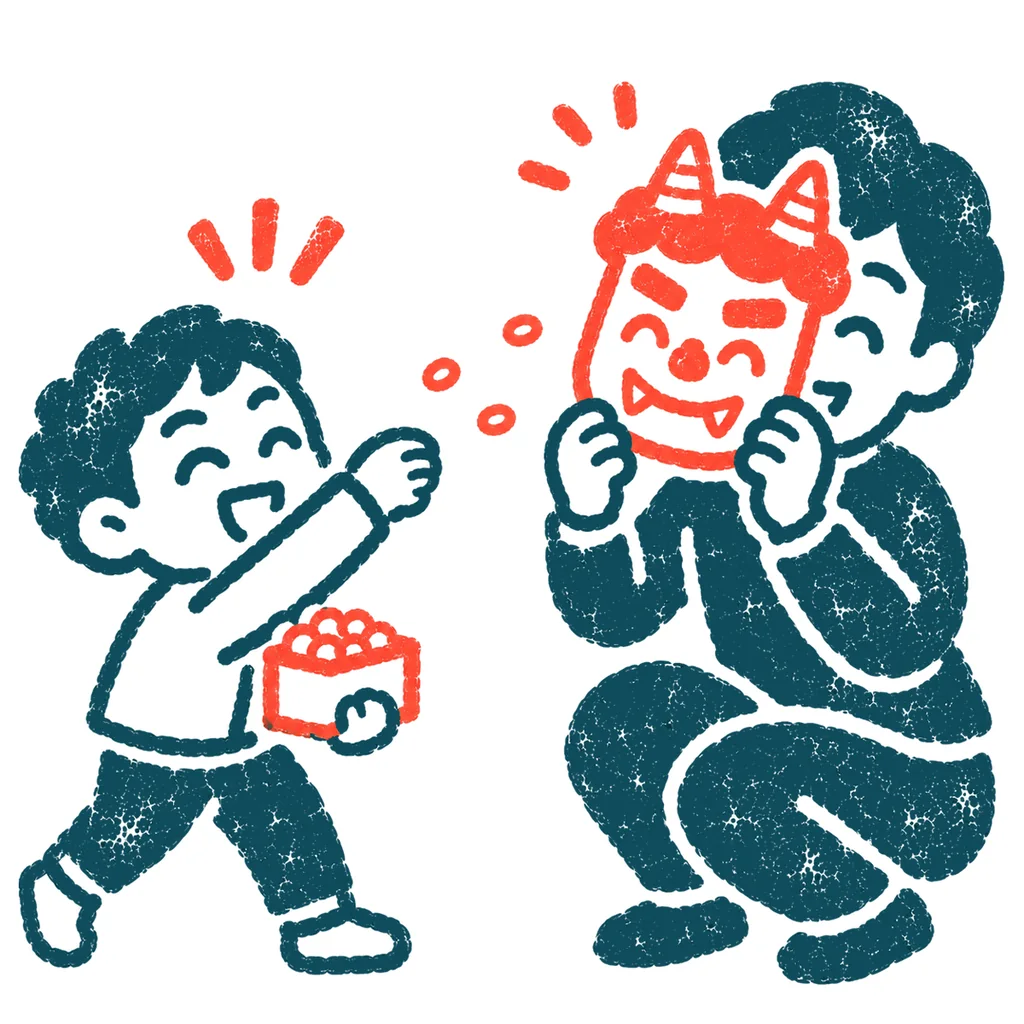 豆まきをする親子のイラスト(はんこ)