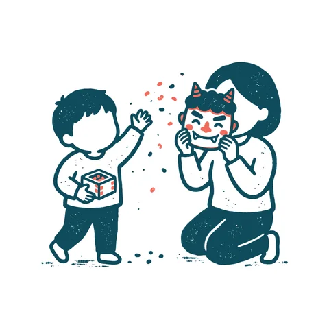 豆まきをする親子のイラスト(はんこ・顔なし)