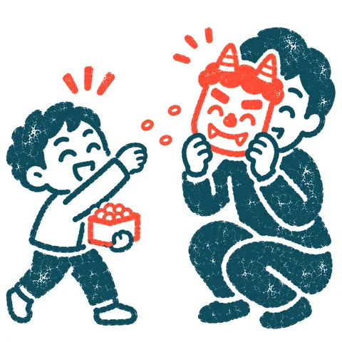 豆まきをする親子のイラスト(はんこ)