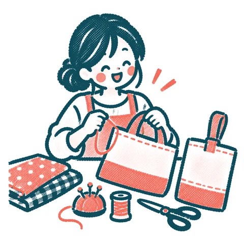 入園グッズを手作りする人のイラスト(はんこ)