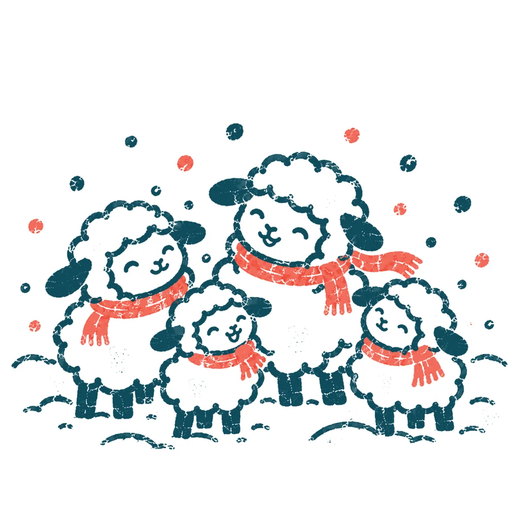 雪の中の羊の群れのイラスト(はんこ)