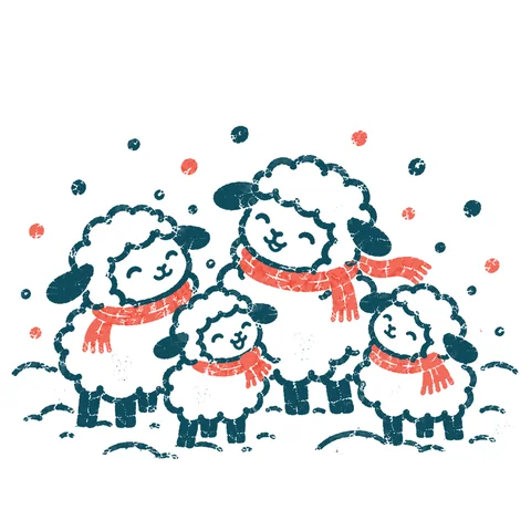 雪の中の羊の群れのイラスト(はんこ)
