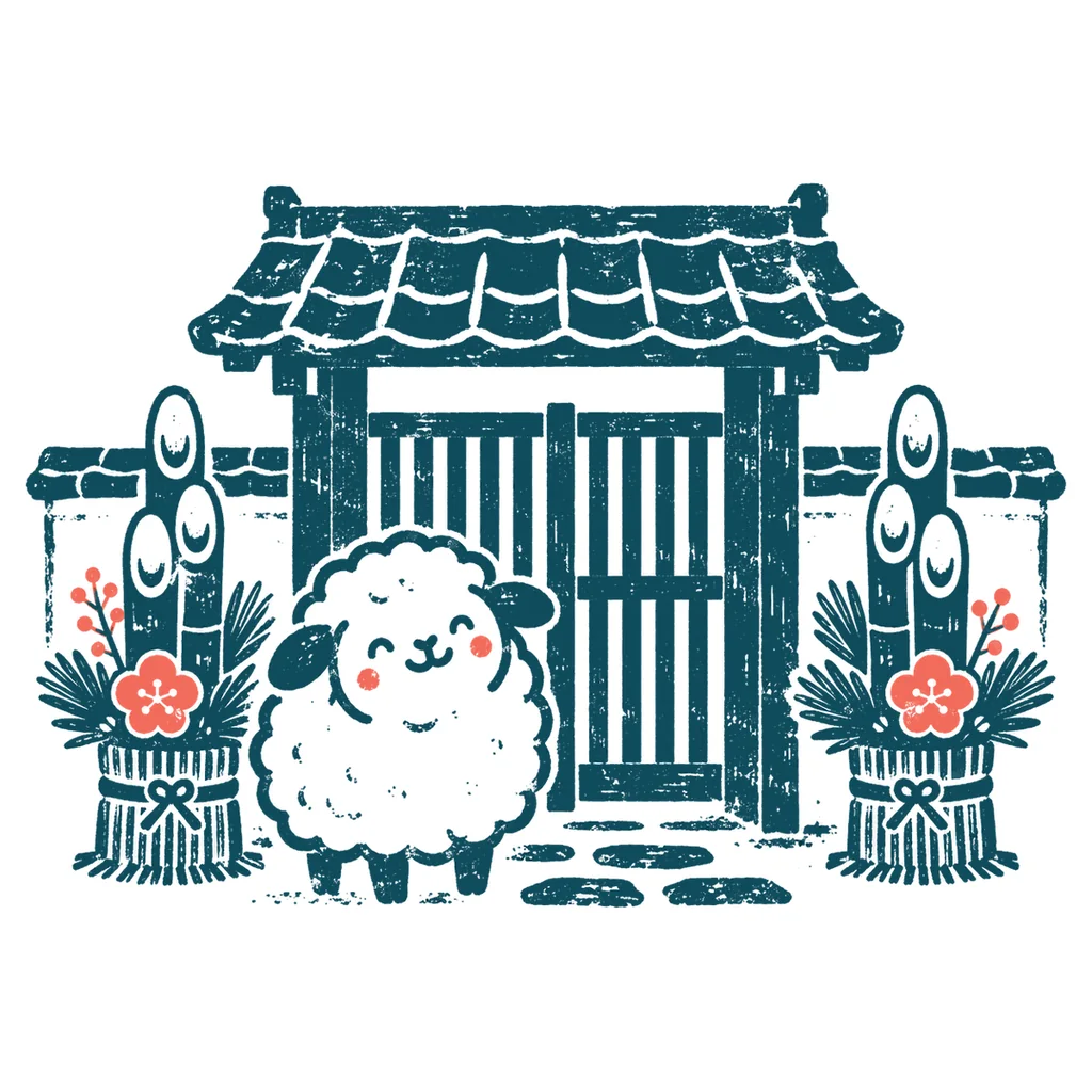門松の横の羊のイラスト(はんこ)