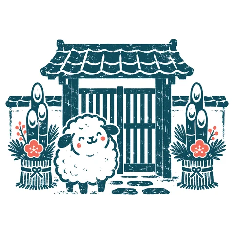 門松の横の羊のイラスト(はんこ)