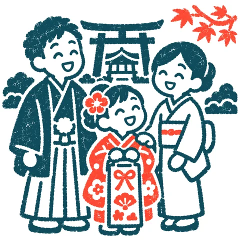 七五三のお参りのイラスト(はんこ)