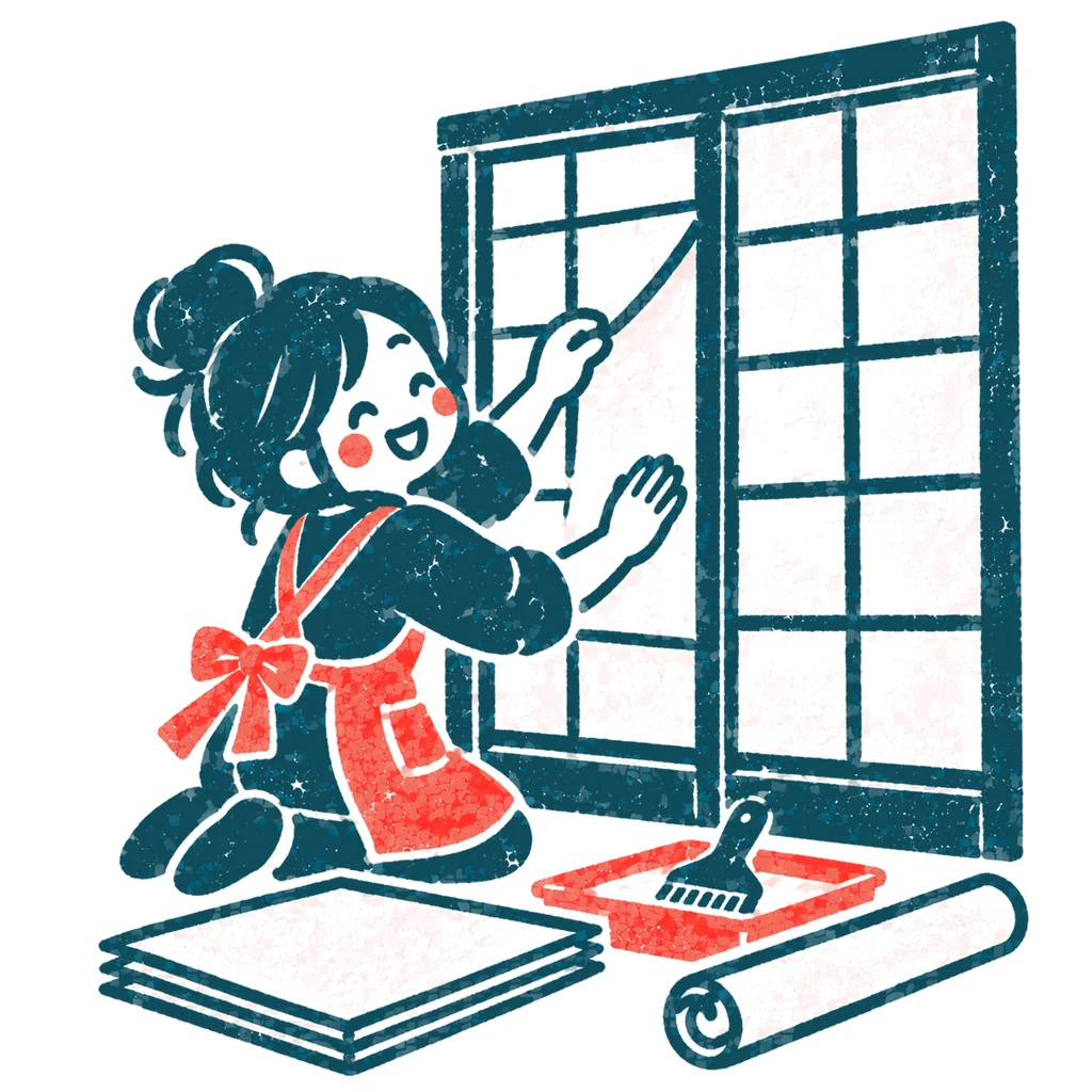 障子の張り替えのイラスト(はんこ)
