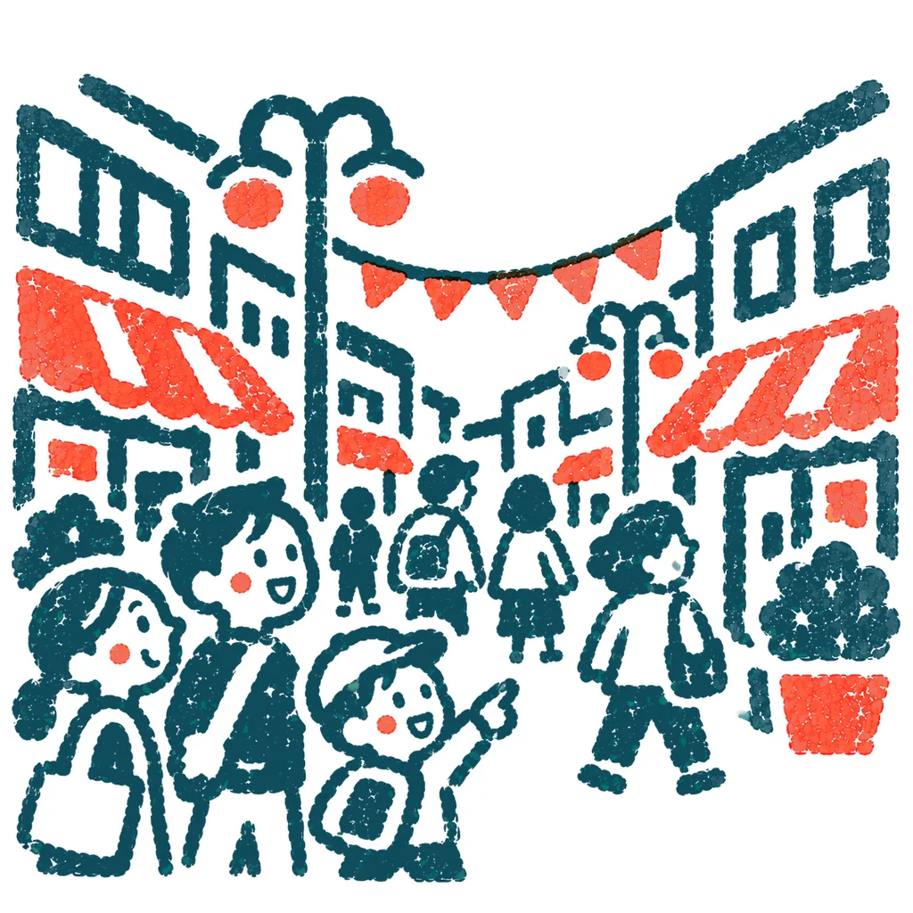 商店街を歩く人のイラスト(はんこ)