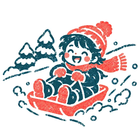 そり遊びをする子どものイラスト(はんこ)