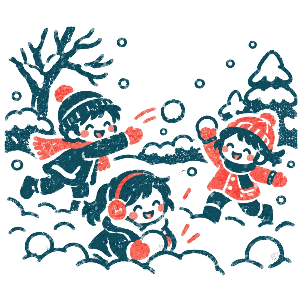 雪合戦をする子どもたちのイラスト(はんこ)