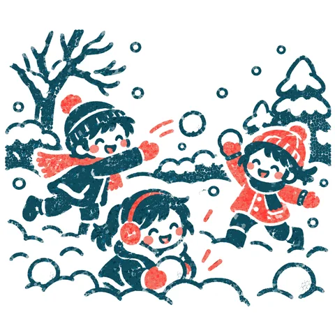 雪合戦をする子どもたちのイラスト(はんこ)