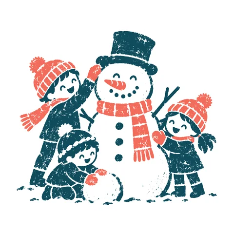 雪だるまを作る子どものイラスト(はんこ)