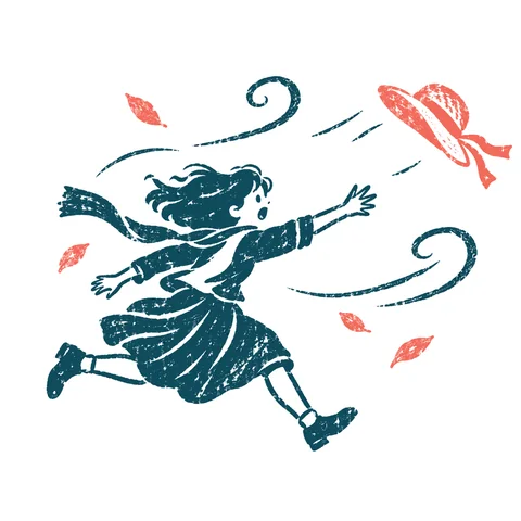春の強い風に帽子が飛ぶのイラスト(はんこ)