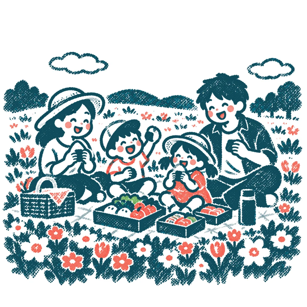 春のピクニックのイラスト(はんこ)