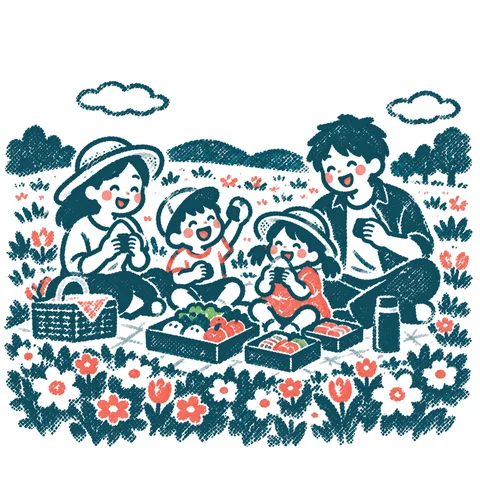 春のピクニックのイラスト(はんこ)