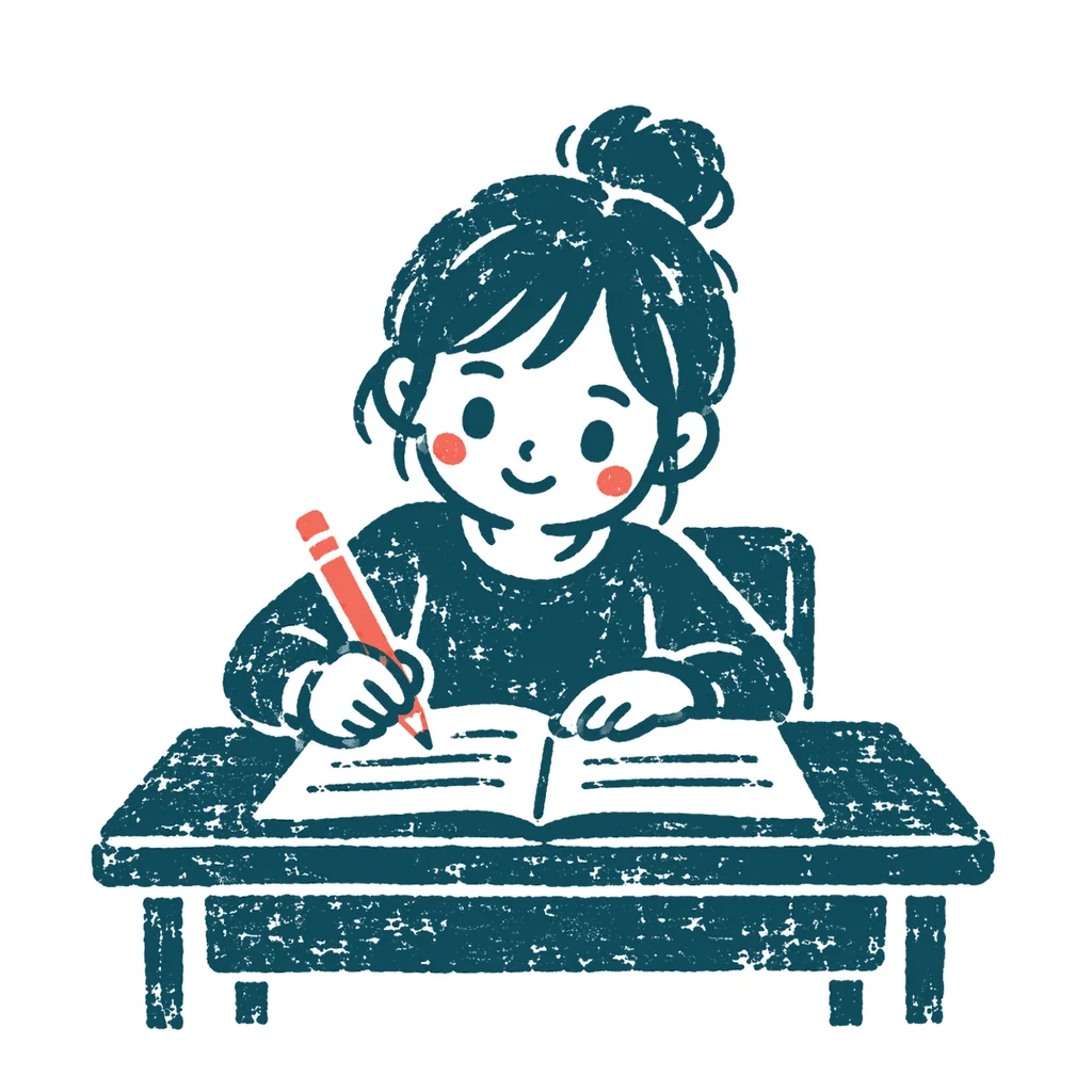 机で勉強する人のイラスト(はんこ)